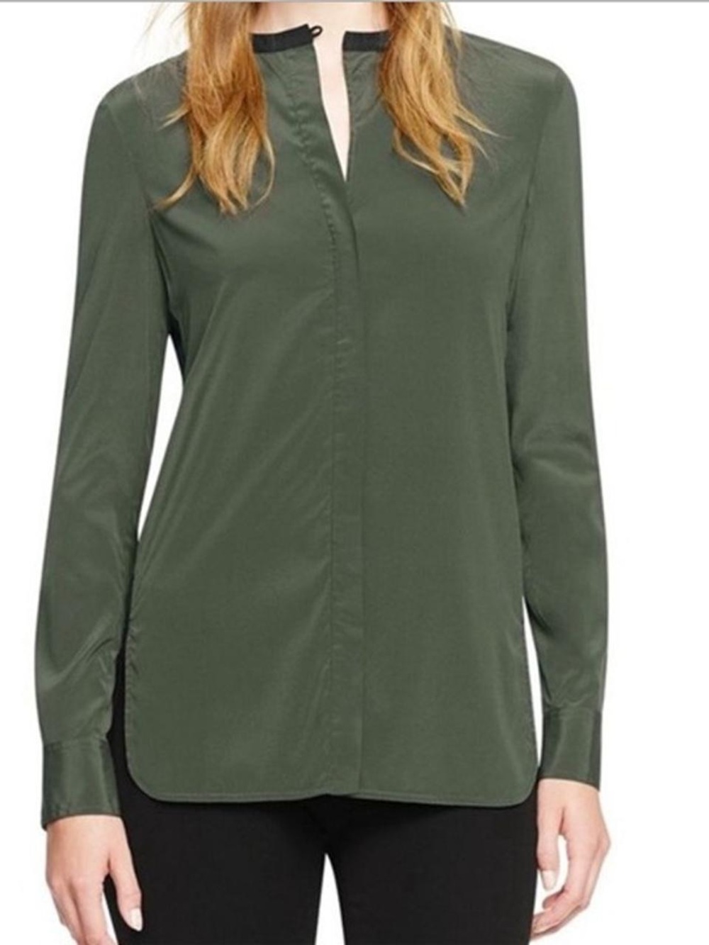Tory Burch Olive Green & Black Silk "Meg" Paneled Split-Neck Blouse Sz 10